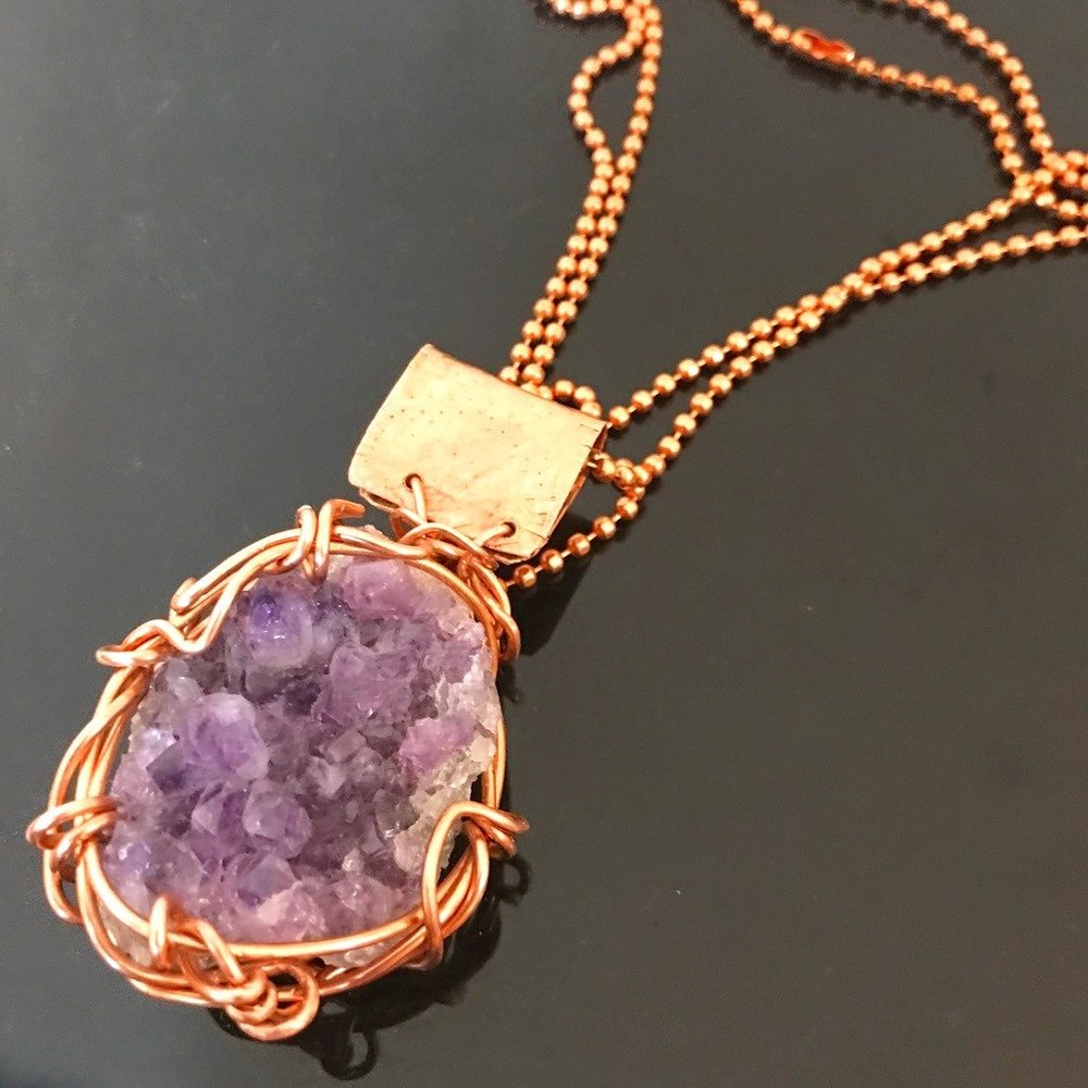 Genuine Amethyst Druzy Drusy Pendant Solid Pure Copper Necklace Natural Mens - Picture 1 of 8